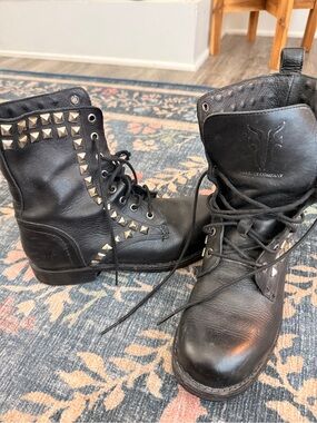 Frye Black Leather Studded Lace-Up Boots